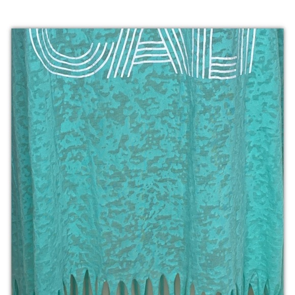 Rampage Women’s I Love Cali Tank Top XL Turquoise With Fringe Semi-Sheer Summer - Picture 4 of 11